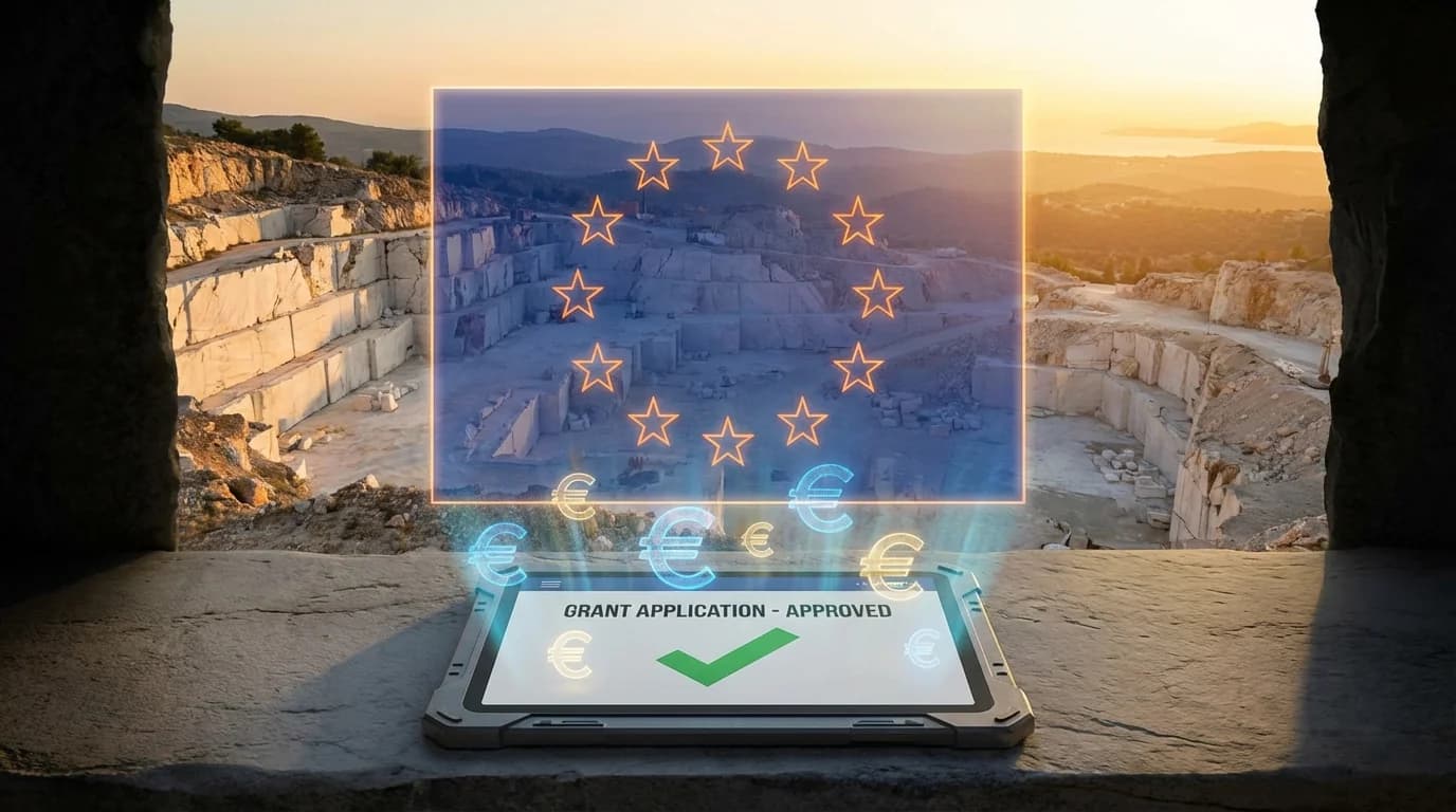 EU flag overlay on quarry operations with digital transformation funding document