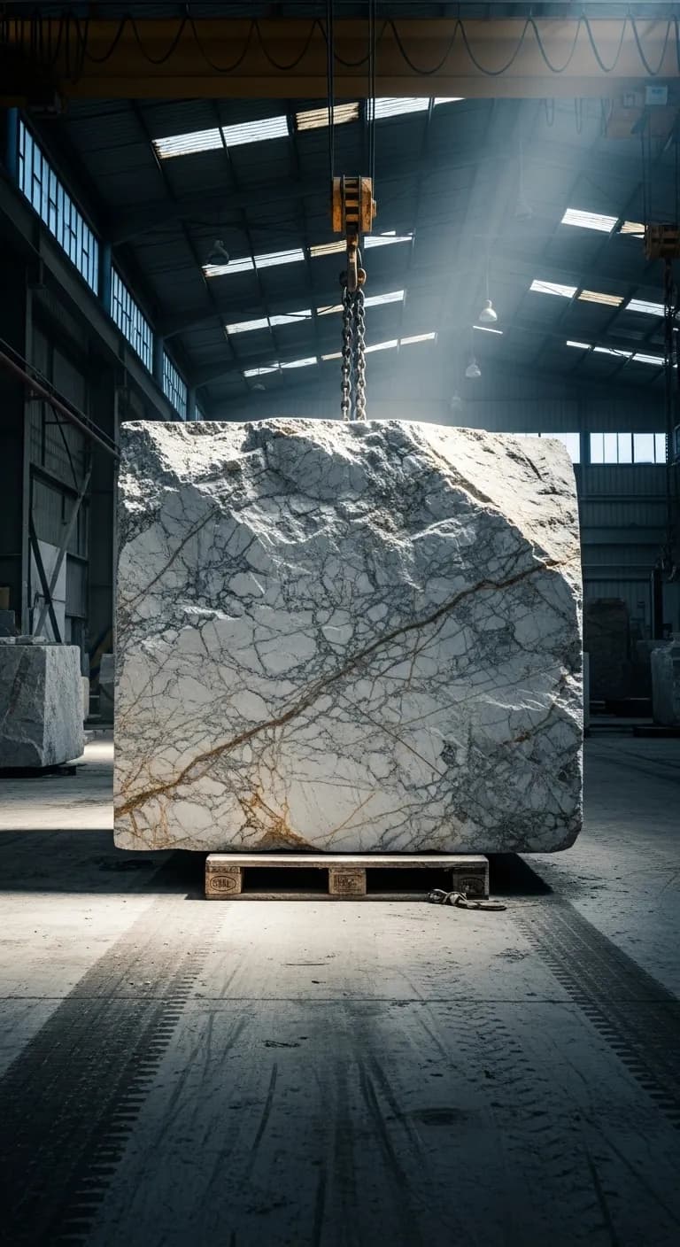 LiDAR 3D scanning visualization of a marble block with volumetric measurements