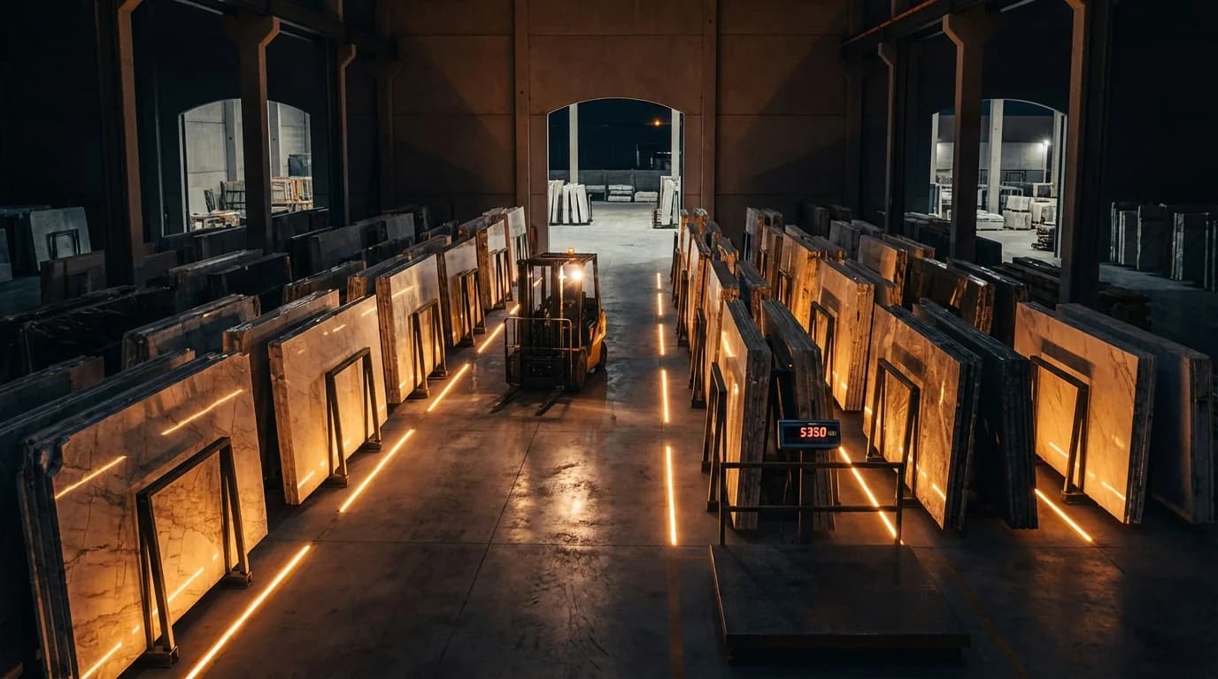 Magazzino moderno di distribuzione pietra con inventario organizzato di lastre di marmo
