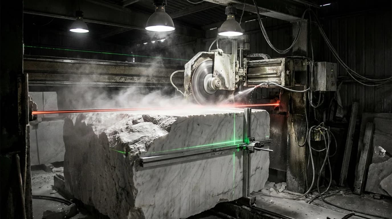 Impianto di lavorazione pietra con macchinari di taglio di precisione e lastre di marmo lucido